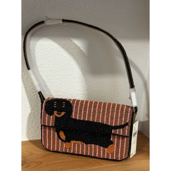 Anthropologie Handbags - Anthropologie Beaded Dachshund Shoulder Bag in Pink and Brown NWT